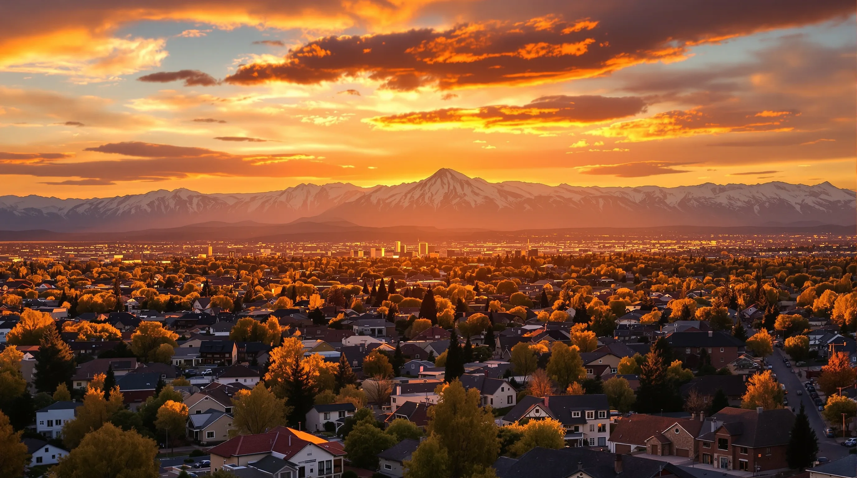 Colorado neighborhoods and mountains at sunset